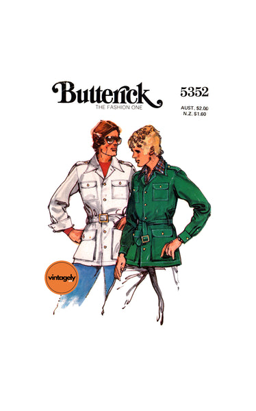 70s Men's Semi-Fitted Safari Jacket and Belt Chest 40 (102 cm) or 42 (107 cm), Butterick 5352, Sewing Pattern Reproduction