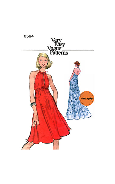 70s Flared, Halter Dress in Two Lengths, Bust 31.5 (80 cm) or 34 (87 cm), Vogue 8594, Vintage Sewing Pattern Reproduction