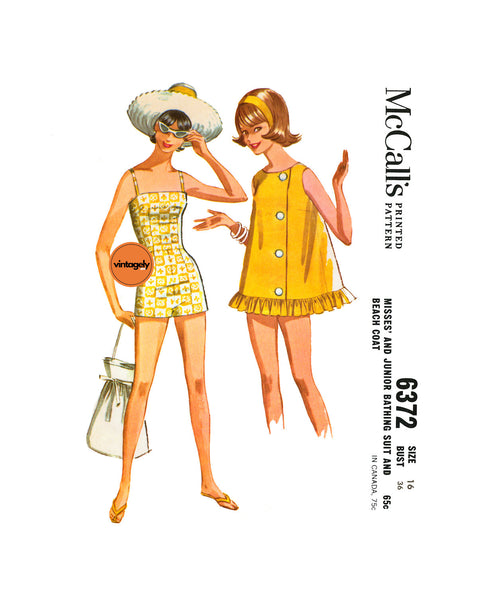 60s Beach Coat and One Piece Bathing Suit, Bust 36 (92 cm), McCall's 6372, Vintage Sewing Pattern Reproduction