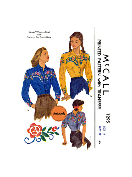 40s Women's Western Shirt with Embroidered Decorative Yokes, Bust 32 (81 cm), McCall 1295, Vintage Sewing Pattern Reproduction