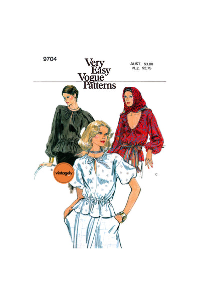 70s Boho Peplum Peasant Blouse with Neckline and Sleeve Variations, Various Sizes, Vogue 9704, Vintage Sewing Pattern Reproduction