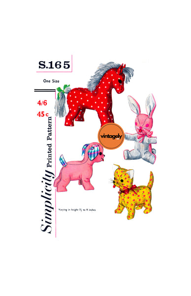 50s Set of Stuffed Toys: Cat, Dog, Rabbit and Horse, Various Heights, Simplicity 165, Vintage Sewing Pattern Reproduction