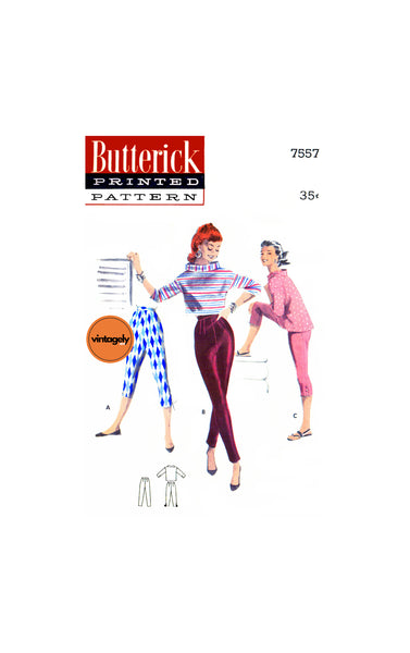 50s Boxy Tops and Tapered Pants with Buttoned or Laced Detail, Various Sizes, Butterick 7557 Vintage Sewing Pattern Reproduction