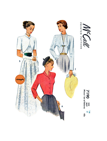 40s Set of Bolero Jackets in Three Styles, Bust 34 (87 cm), McCall 7190, Vintage Sewing Pattern Reproduction