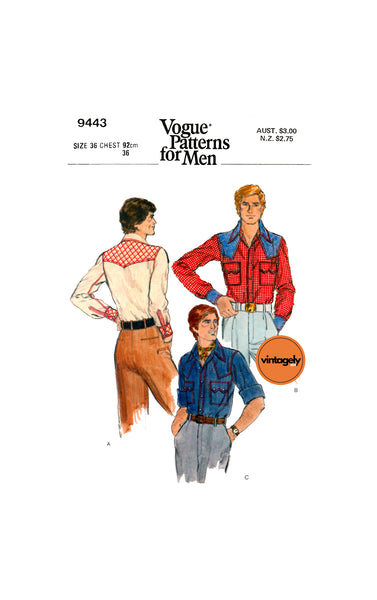 70s Men's Cowboy Shirt with Decorative Western Yokes, Chest 36 (92 cm), Vogue 9443, Vintage Sewing Pattern Reproduction