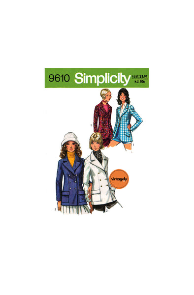 70s Lined Single or Double Breasted Blazer, Various Sizes, Simplicity 9610, Vintage Sewing Pattern Reproduction