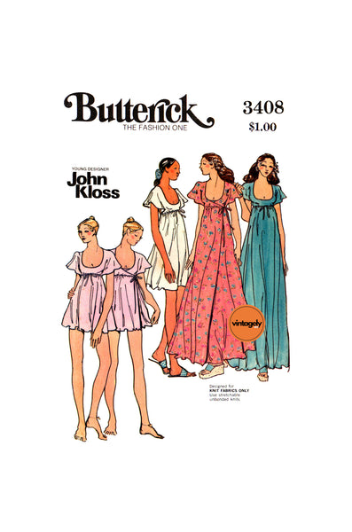 70s Baby Doll, Gown and Robe with Flared Cape Sleeves, Bust 32.5" (83 cm) or 34" (87 cm), Butterick 3408, Vintage Sewing Pattern Reproduction