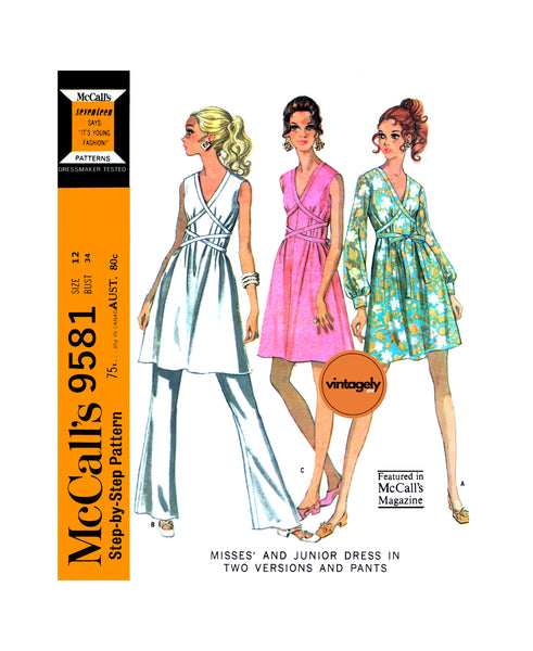 60s Grecian Wrap Dress with or without Pants, Bust 34 (87 cm), McCall's 9581, Vintage Sewing Pattern Reproduction