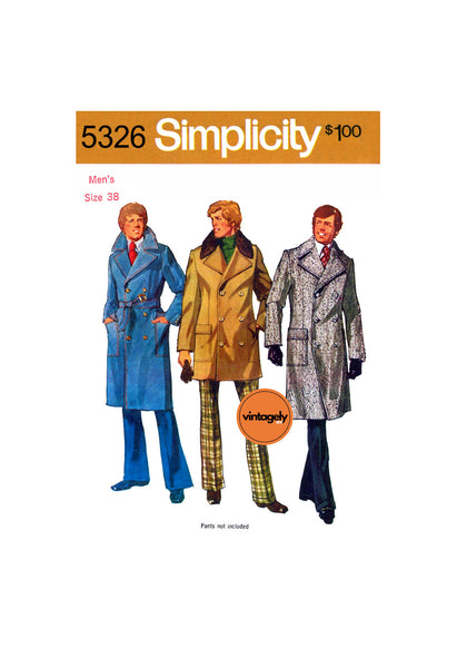 70s Men's Lined, Double-Breasted Winter Coat in Two Lengths, Chest 38 (97 cm), Simplicity 5326, Vintage Sewing Pattern Reproduction