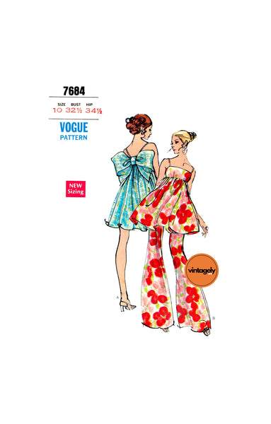 70s Evening Empire Dress in Two Lengths and Flared Pants, Bust 32.5 (83 cm), Vogue 7684, Vintage Sewing Pattern Reproduction