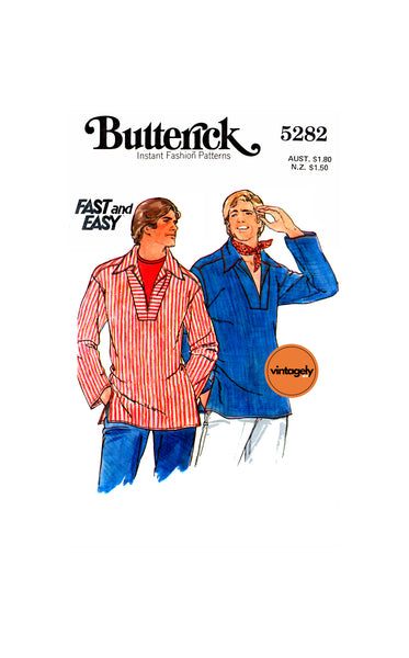 70s Men's Groovy Open Collar Shirt with Long Sleeves, Chest 34-36 (87-92 cm), Butterick 5282, Vintage Sewing Pattern Reproduction