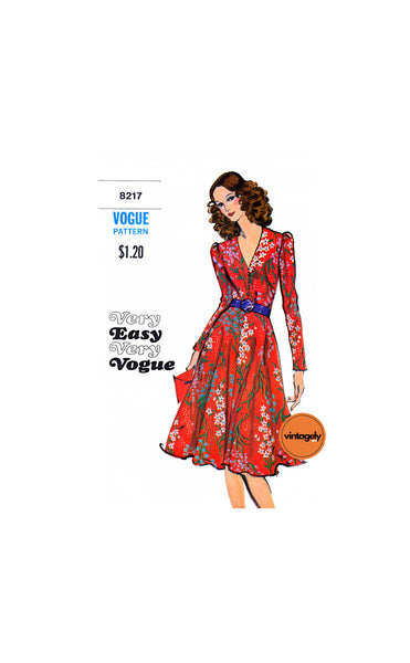 70s Classic Feminine V-Neck Dress with Flared Skirt, Bust 34 (87 cm) or 36 (92 cm) Vogue 8217, Vintage Sewing Pattern Reproduction