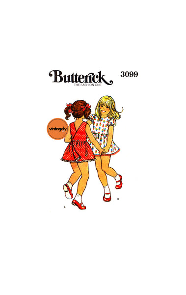 70s Girls' Back Wrapped Sundress and Bloomers, Various Sizes, Butterick 3099, Vintage Sewing Pattern Reproduction