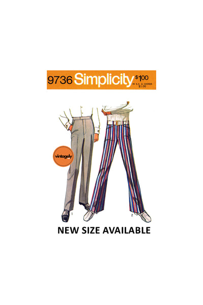 70s Men's Jean-Cut Bell-Bottom or Straight Leg Tailored Pants, Various Sizes, Simplicity 9736 Sewing Pattern Reproduction