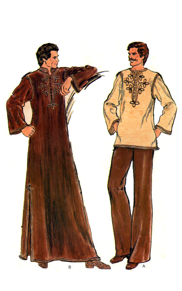 Vogue 9067 Men's Loose Fitting Tunic or Caftan with Jewel Neckline, Braid Trim and Side Slits, Sewing Pattern Size 36