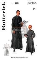 50s Men's or Boy's Cassock in Two Styles, Chest Size 30 (76.5 cm), 36 (91 cm) or 38 (97 cm), Butterick 6765 Vintage Sewing Pattern Reproduction