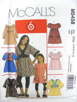 McCall's 5458 Girls' Pullover Tops in Three Lengths or Dresses with Sleeve Variations, Uncut, Factory Folded Sewing Pattern Size 7-14