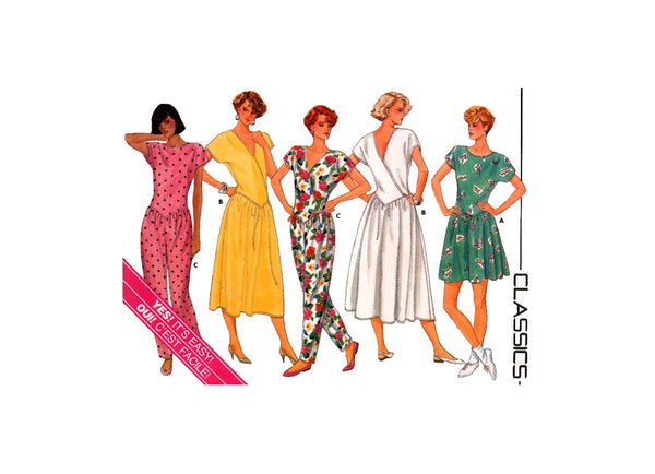 Butterick 3699 Pullover Dress and Tapered Jumpsuit with Front or Back V-Neckline, Uncut, Factory Folded, Sewing Pattern Size 12-14-16