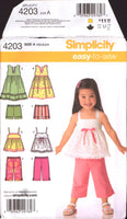 Simplicity 4203 Toddlers' Summer Wear: Dresses, Cropped Pants, Shorts and Top, Uncut, Factory Folded, Sewing Pattern Size 1/2-4