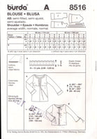 Burda 8516 Sewing Pattern, Women's Blouse, Size 10-20, Uncut, Factory Folded