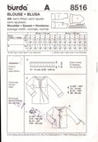 Burda 8516 Sewing Pattern, Women's Blouse, Size 10-20, Uncut, Factory Folded