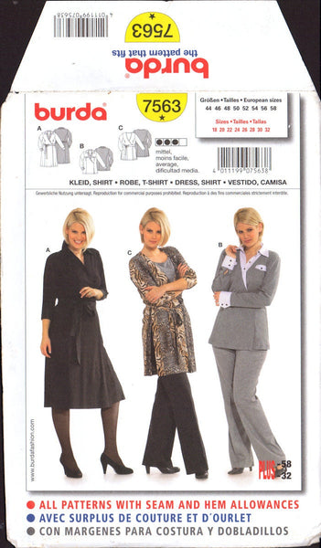 Burda 7563 Sewing Pattern Dress Shirt Size 18-32 Uncut Factory Folded