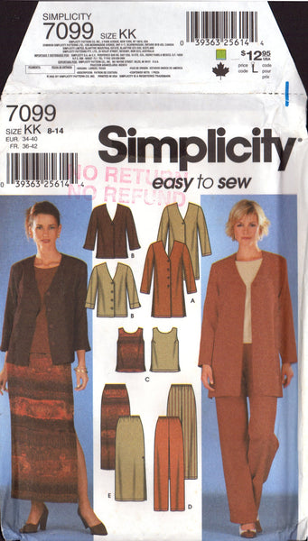 Simplicity 7099 Jacket in Two Lengths, Top, Pants and Skirt, Uncut, Factory Folded Sewing Pattern Multi Size 8-14