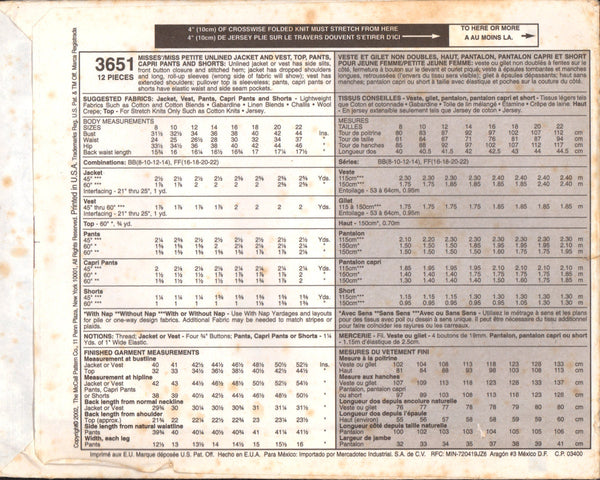 Misses Jacket Vest Top Pants Capri Pants Shorts Mccalls 3651 Sewing Pattern  Size 8 10 12 14 Bust 31 1/2 32 1/2 34 36 UNCUT -  Canada