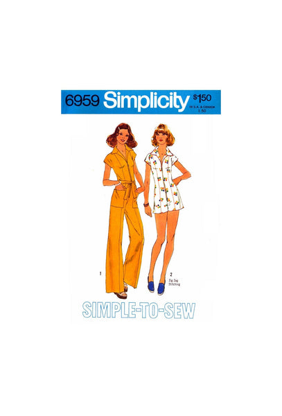 70s Wide-Leg Jumpsuit in Two Lengths with V-Neckline, Bust 31.5" (80 cm) or 34" (87 cm), Simplicity 6959, Sewing Pattern Reproduction