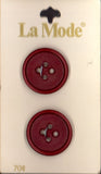 Vintage La Mode 22 mm (approx. 7/8 inch) Carded Raised Burgundy 4-Hole Buttons Two Pieces