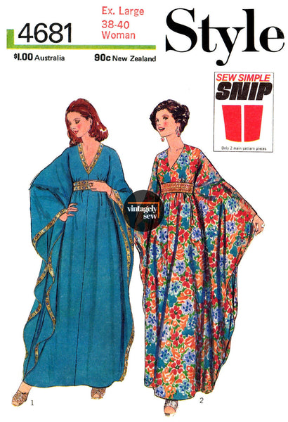 70s Evening Caftan with Godet Sleeves, Bust 32.5 (83 cm), 34 (87