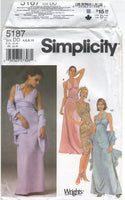 Simplicity 5187 Deep V-Neckline Evening Dress in Two Lengths and Shawl, Uncut, Factory Folded Sewing Pattern Size 4-10