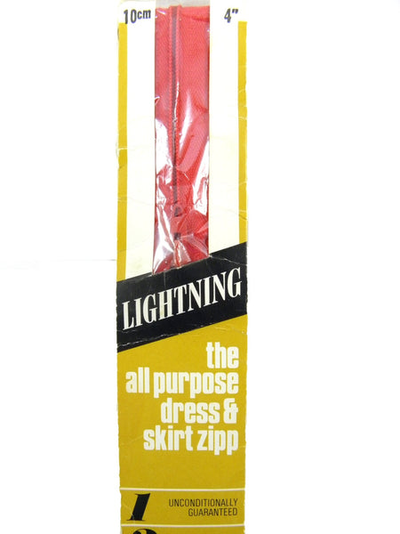 Vintage 1960's Lightning Nylon Scarlet Red Zipper 4" (10 cm) long Unused in Original Packaging, Made in Australia